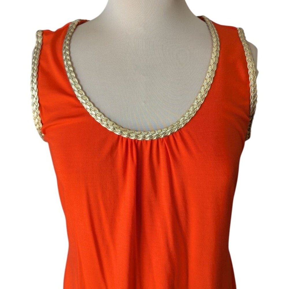 Joseph Ribkoff Dress Orange Red Gold Braided Trim Sleeveless Sheath Sz 10 Chic - Picture 2 of 9